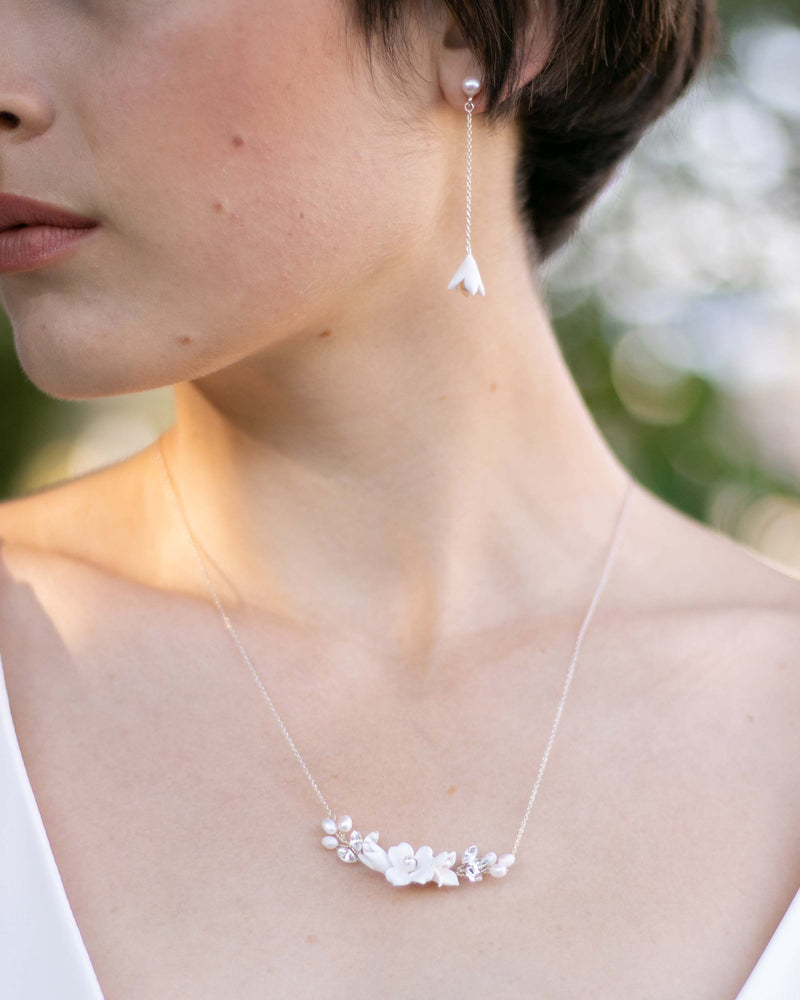 close view of the Belle Fleur Long earrings in silver with matching Belle Fleur Necklace.