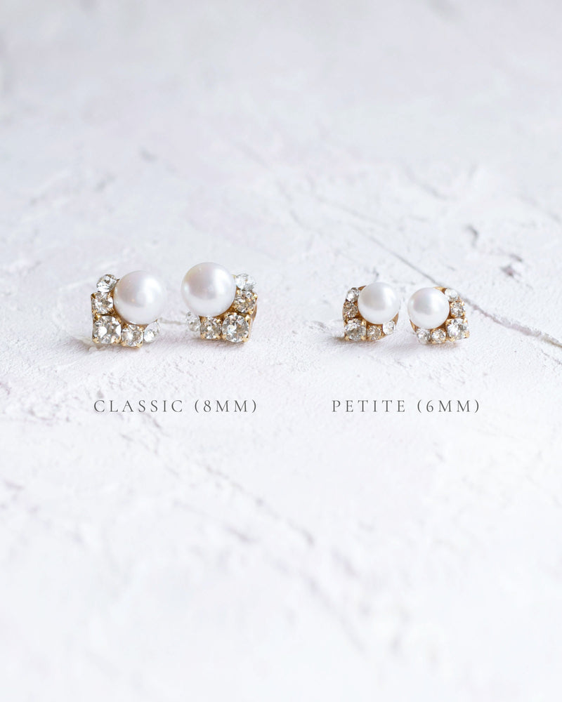 A side-by-side comparison of the two sizes available for our stud earrings; classic 8mm (on the left) or petite 6mm.