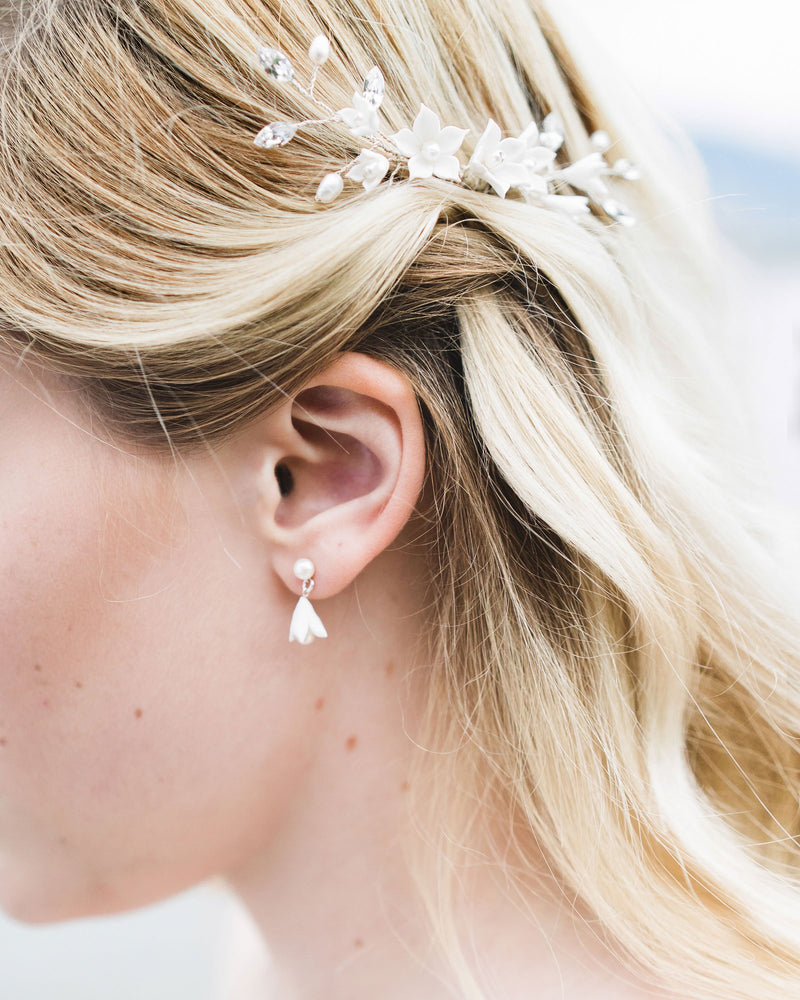 Close up of the Belle Fleur Petite Bridal Earrings shown with the Belle Fleur Comb; clay flowers and freshwater pearls, Bridal Jewellery