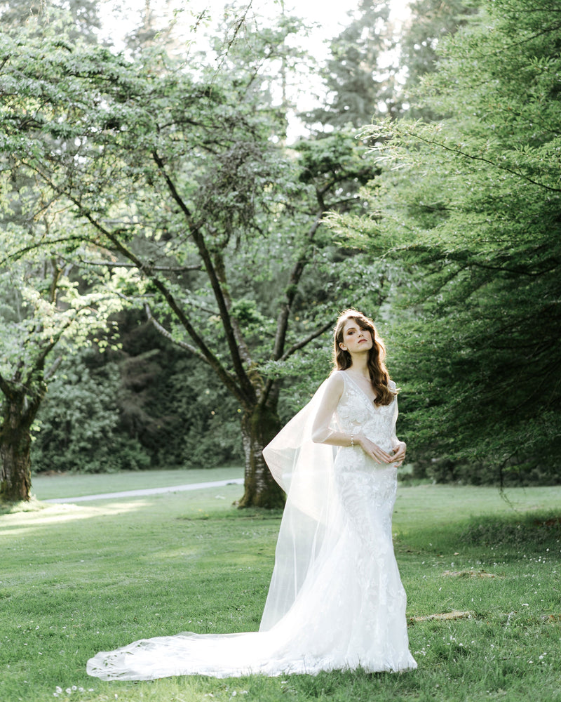 model wearing Cascading Leaves long sheer wedding cape, alternatives to veil