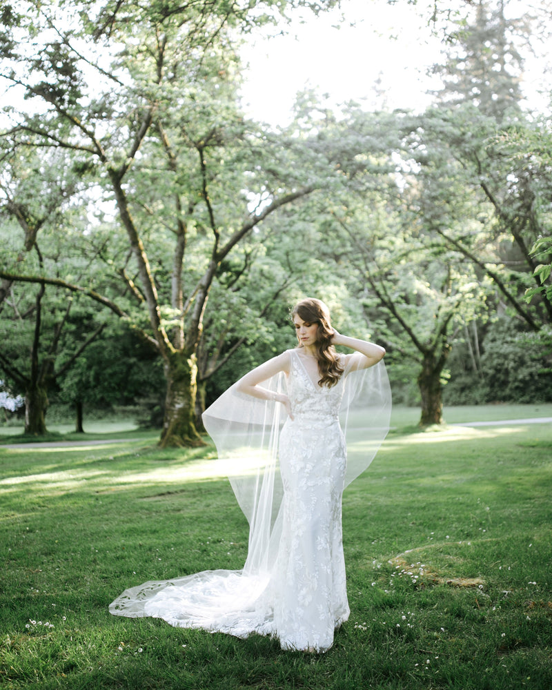 model wearing cascading leaves sheer bridal cape, alternatives to wearing a veil