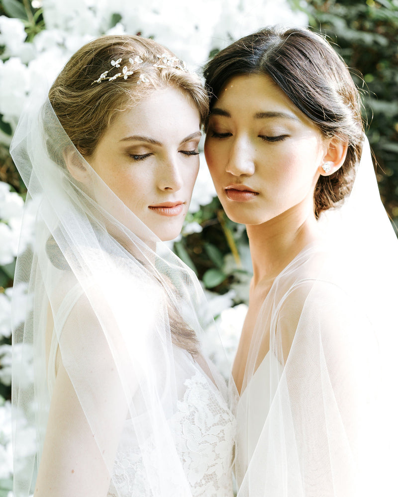 veil styling, models wearing bridal tulle veil wedding veil