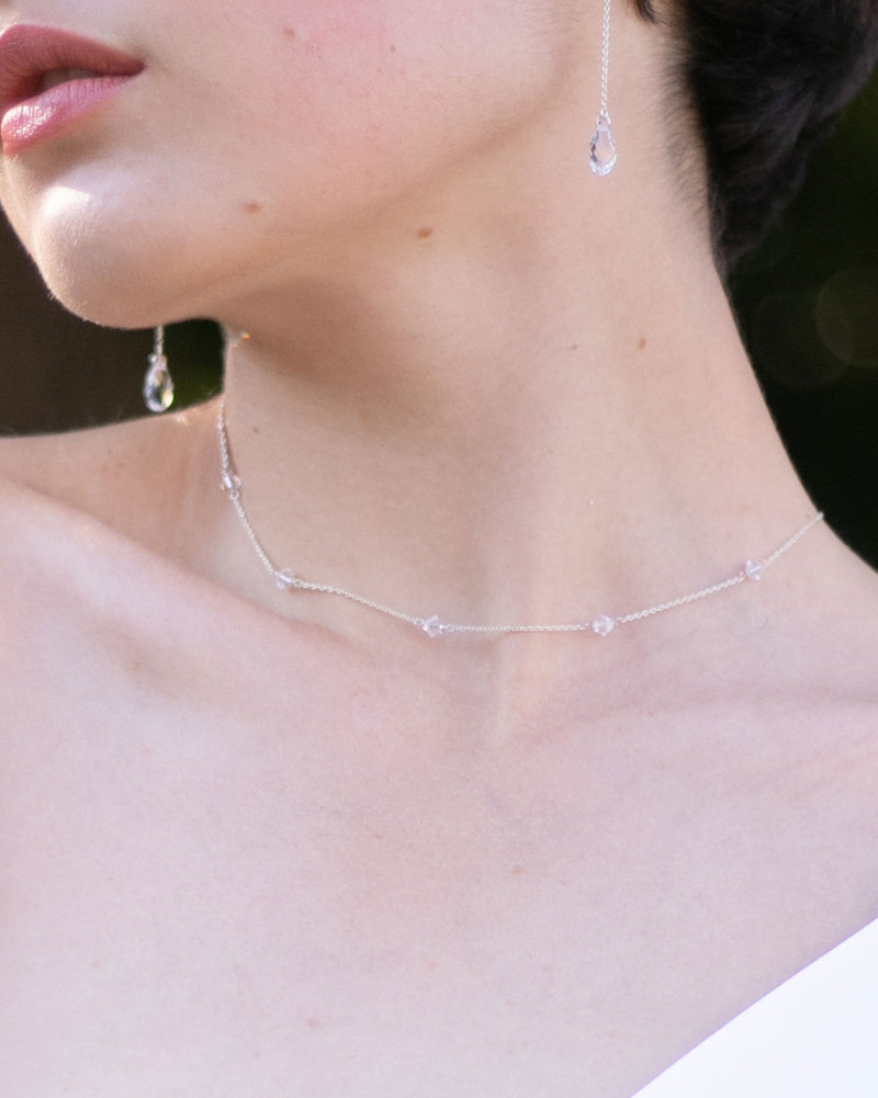 Close model view of the Dainty Crystal Jewelry Set in silver.