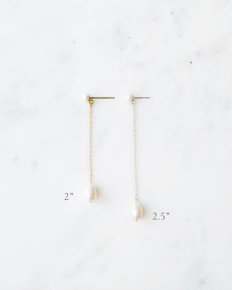 A side by side comparison of the Teardrop Pearl Long Earrings in 2" and 2.5".