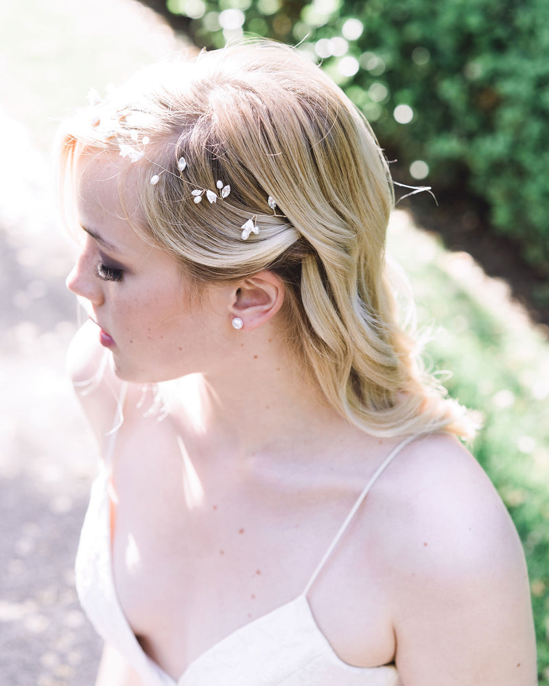 A bride wears the Pearl Stud Earrings in classic 8mm.