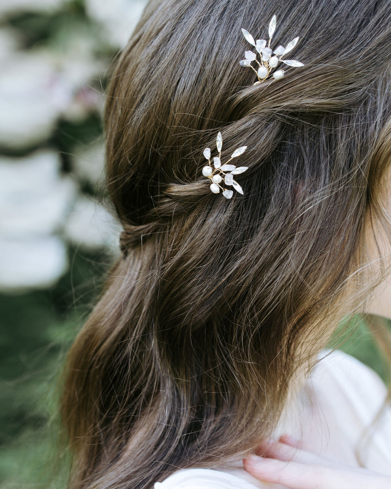 Close on model view of the Sea Mist Bridal Hair Pins.