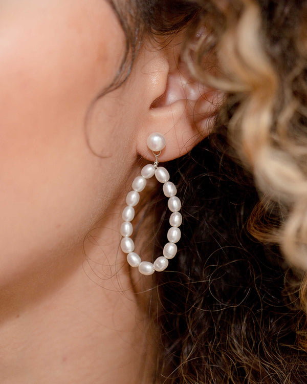 Close model view of the Stella Statement Pearl Earrings.