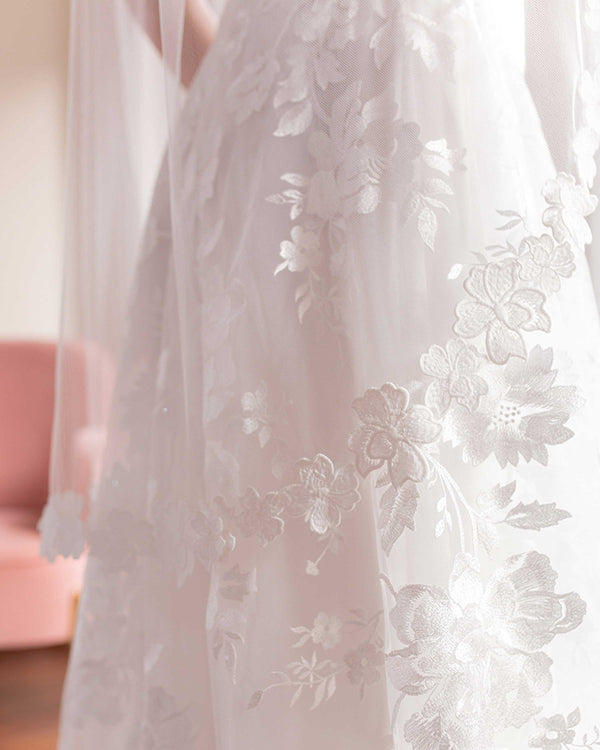 A close view of the lace edge on Wildflower Floral Lace Veil.